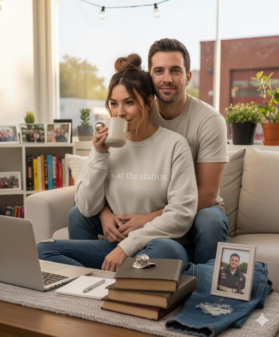 Firefighter Wife Sweatshirt - He’s At The Station Shirt - Fire Dept Spouse Gift - Fireman Wife Crewneck - First Responder Wife Apparel